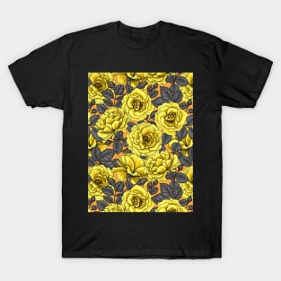 Yellow roses with dark gray leaves on orange T-Shirt